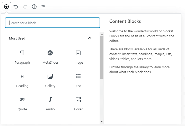 Content blocks pop-up menu.