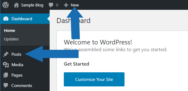 Arrows in the image point to creating a  new post from the WordPress vertical and horizontal menus.