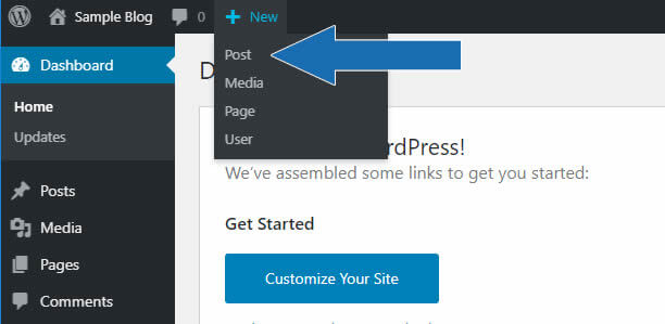 Arrows in the image point to creating a new post from the WordPress horizontal menu.