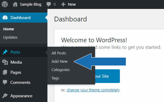 Arrows in the image point to creating a new post from the WordPress vertical menu.