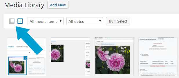 Image of the Media Library showing grid and list views.