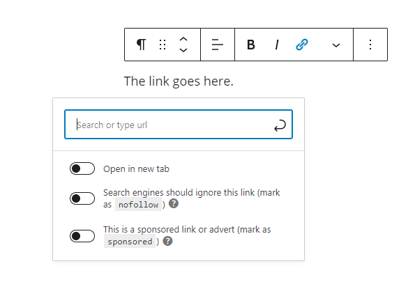 Image shows the chain link tool is activated to create a text link.